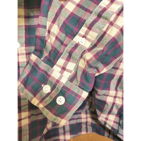 Sears Roebuck Co Mens Sz L Button Up Front Plaid Shirt Tan Green Burgundy Stripe - Picture 5 of 7